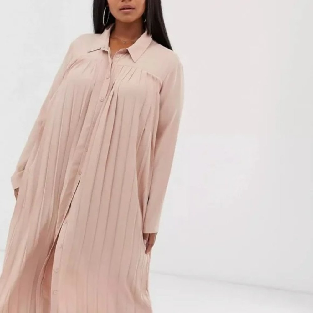 ASOS Curve Pleated Midi Shirt Dress in Blush